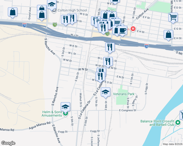 map of restaurants, bars, coffee shops, grocery stores, and more near in Colton