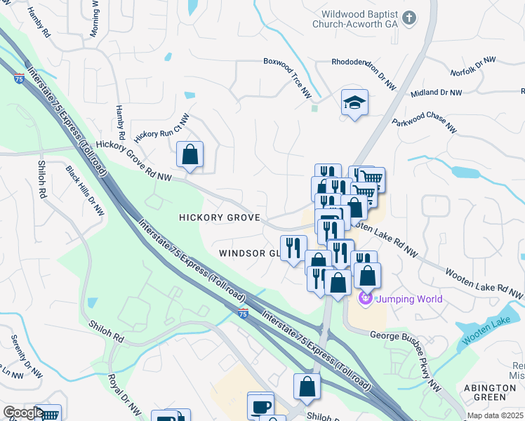 map of restaurants, bars, coffee shops, grocery stores, and more near 1601 Hickory Cove Court Northwest in Acworth