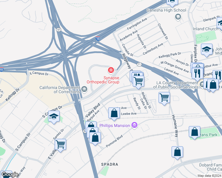 map of restaurants, bars, coffee shops, grocery stores, and more near 2520 Kellogg Park Drive in Pomona