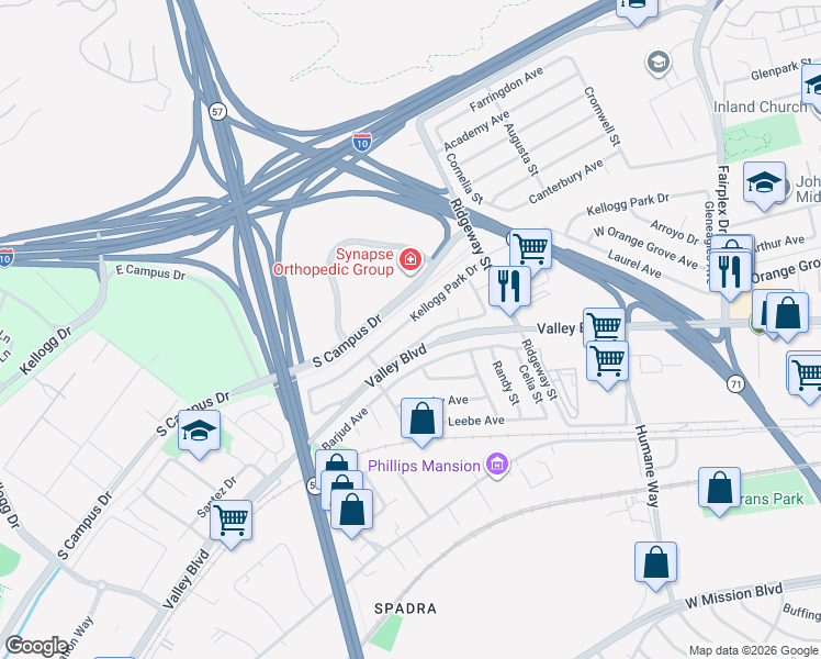 map of restaurants, bars, coffee shops, grocery stores, and more near 2491 Kellogg Park Drive in Pomona