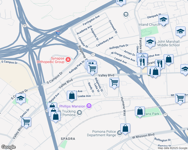 map of restaurants, bars, coffee shops, grocery stores, and more near Valley Blvd & Ridgeway St in Pomona