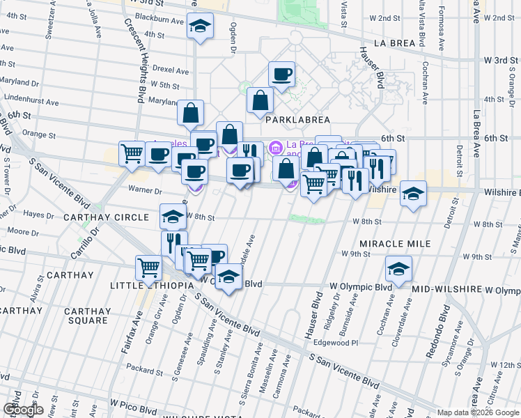 map of restaurants, bars, coffee shops, grocery stores, and more near 730 South Spaulding Avenue in Los Angeles