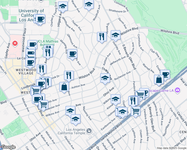 map of restaurants, bars, coffee shops, grocery stores, and more near 10590 Wilshire Boulevard in Los Angeles