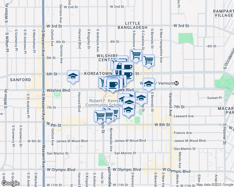map of restaurants, bars, coffee shops, grocery stores, and more near 3450 Wilshire Boulevard in Los Angeles