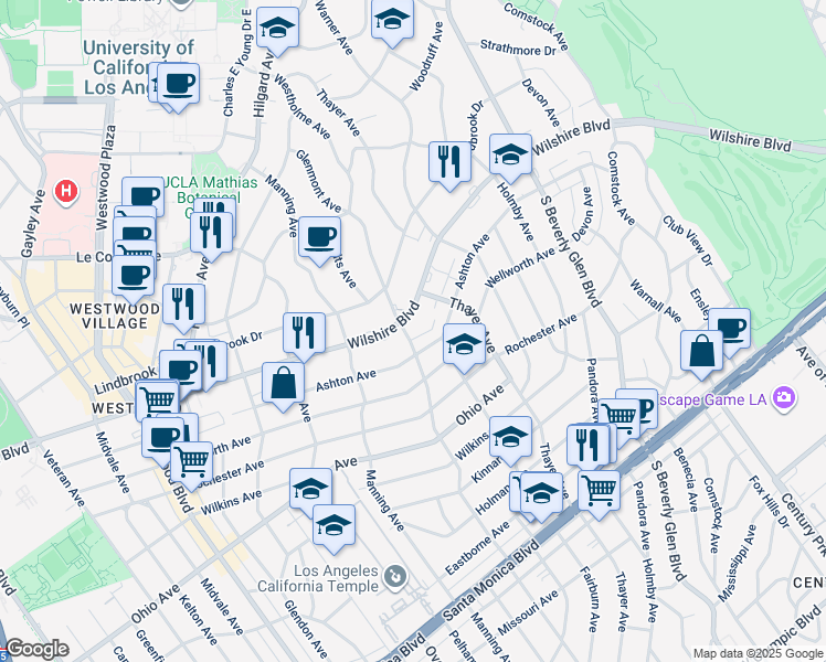 map of restaurants, bars, coffee shops, grocery stores, and more near 10590 Wilshire Boulevard in Los Angeles