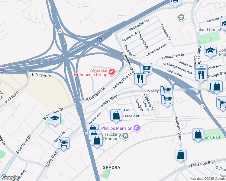 map of restaurants, bars, coffee shops, grocery stores, and more near 2520 Kellogg Park Drive in Pomona