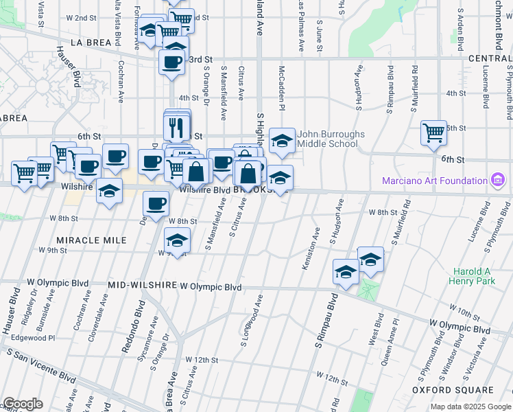 map of restaurants, bars, coffee shops, grocery stores, and more near 729 South Highland Avenue in Los Angeles