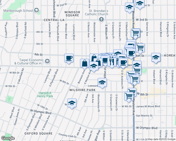 map of restaurants, bars, coffee shops, grocery stores, and more near 4100 Wilshire Boulevard in Los Angeles