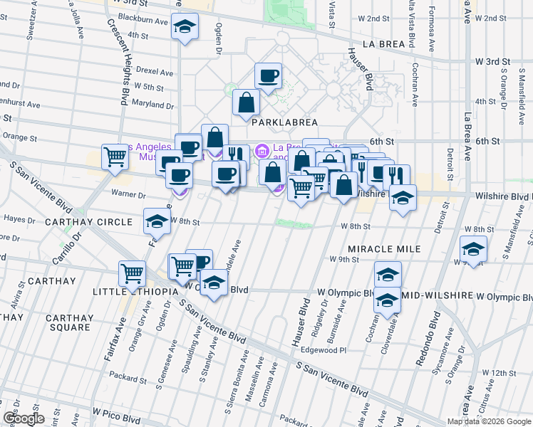 map of restaurants, bars, coffee shops, grocery stores, and more near 712 South Stanley Avenue in Los Angeles
