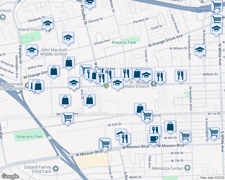 map of restaurants, bars, coffee shops, grocery stores, and more near 1470 West Holt Avenue in Pomona