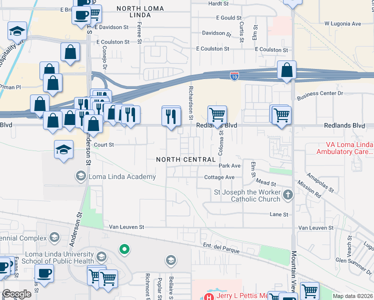 map of restaurants, bars, coffee shops, grocery stores, and more near 60 Leota Street in Loma Linda