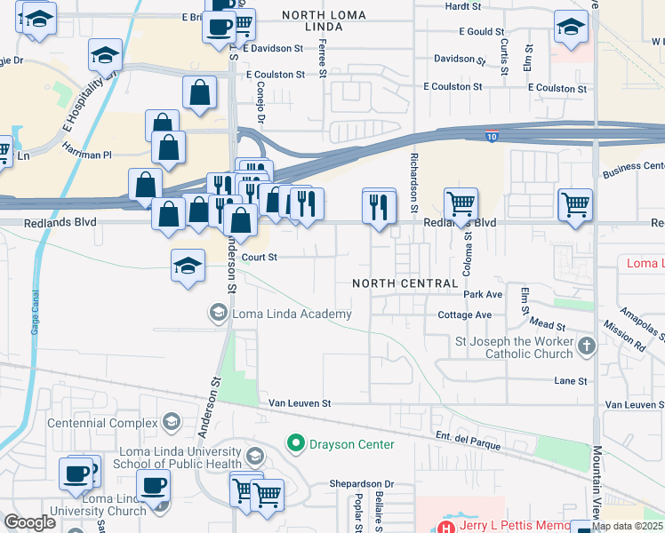 map of restaurants, bars, coffee shops, grocery stores, and more near 25114 Court Street in Loma Linda