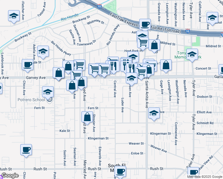 map of restaurants, bars, coffee shops, grocery stores, and more near 2745 Central Avenue in El Monte