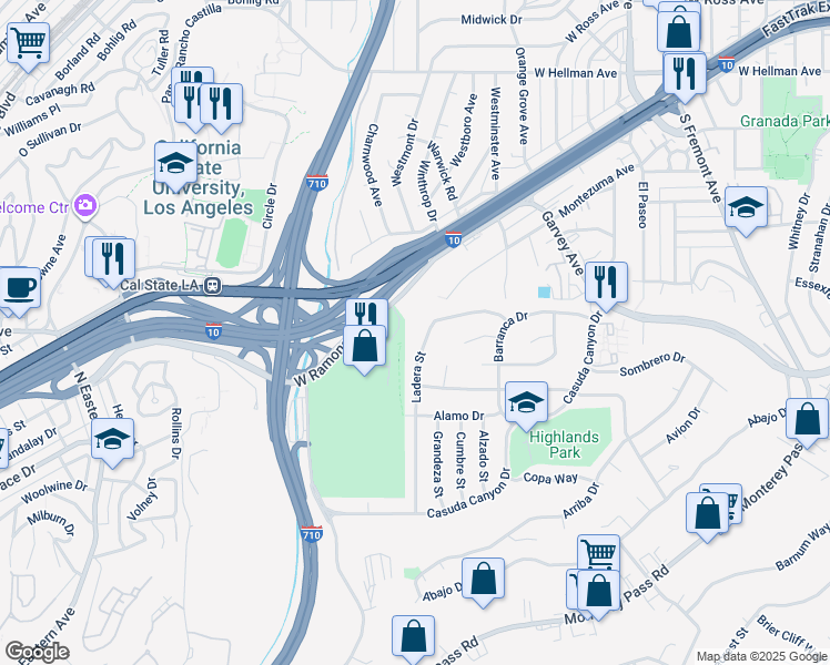 map of restaurants, bars, coffee shops, grocery stores, and more near 167 Ladera Street in Monterey Park