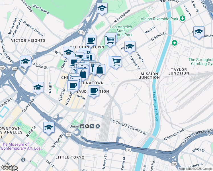 map of restaurants, bars, coffee shops, grocery stores, and more near 950 North Main Street in Los Angeles