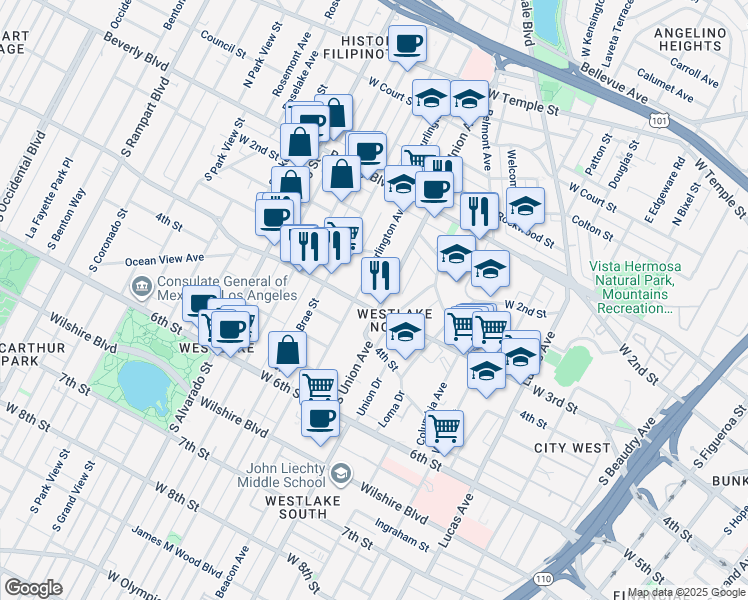map of restaurants, bars, coffee shops, grocery stores, and more near 267 South Union Avenue in Los Angeles