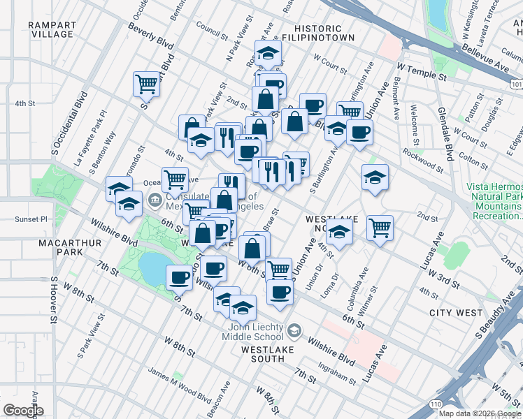 map of restaurants, bars, coffee shops, grocery stores, and more near 309 South Westlake Avenue in Los Angeles