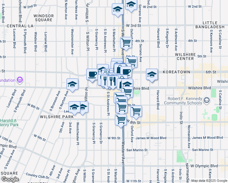map of restaurants, bars, coffee shops, grocery stores, and more near 3855 Wilshire Boulevard in Los Angeles