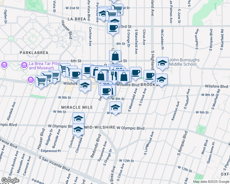 map of restaurants, bars, coffee shops, grocery stores, and more near 710 South La Brea Avenue in Los Angeles