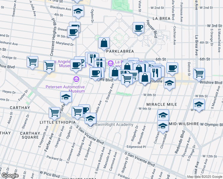 map of restaurants, bars, coffee shops, grocery stores, and more near 712 South Stanley Avenue in Los Angeles