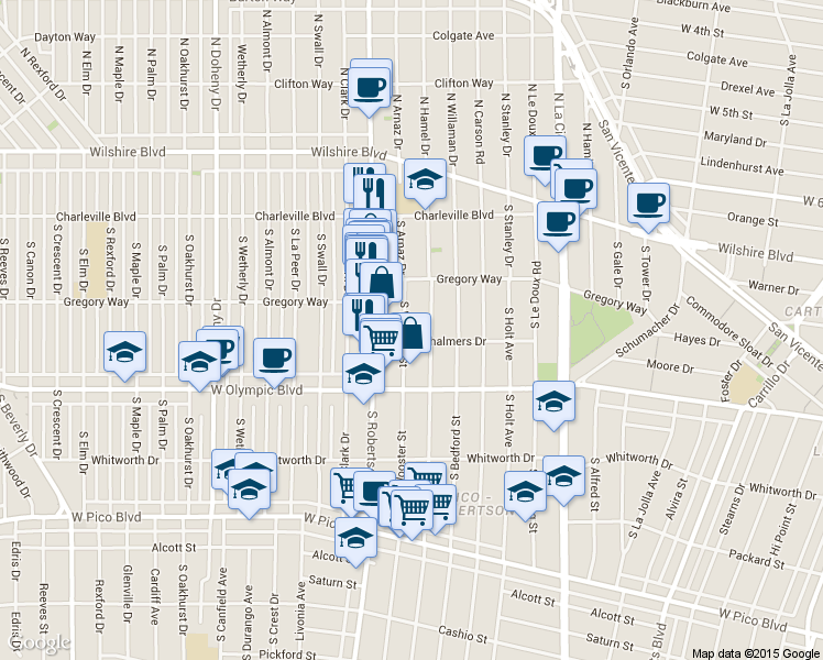 map of restaurants, bars, coffee shops, grocery stores, and more near 819 1/2 South Shenandoah Street in Los Angeles