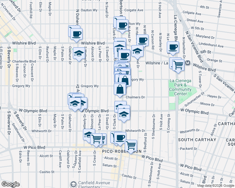 map of restaurants, bars, coffee shops, grocery stores, and more near 300 South Clark Drive in Beverly Hills