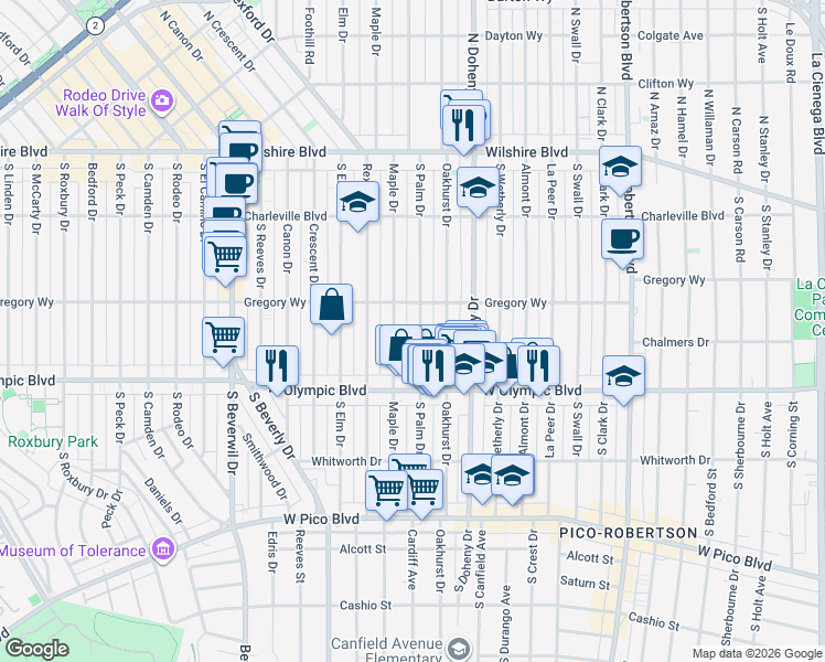 map of restaurants, bars, coffee shops, grocery stores, and more near 301 South Palm Drive in Beverly Hills