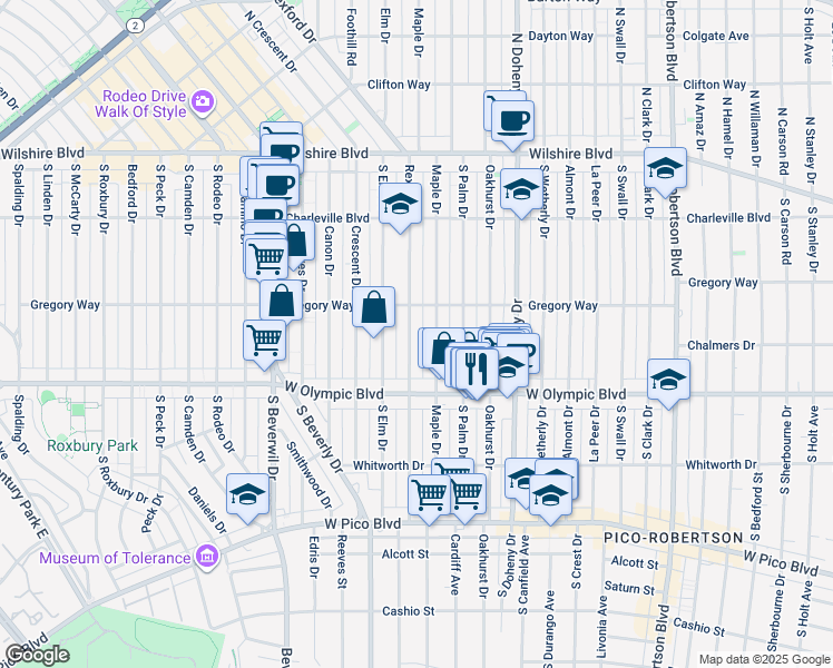 map of restaurants, bars, coffee shops, grocery stores, and more near 300 South Rexford Drive in Beverly Hills