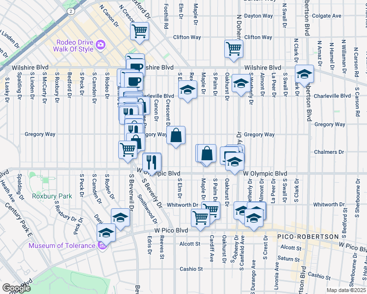 map of restaurants, bars, coffee shops, grocery stores, and more near 303 South Elm Drive in Beverly Hills