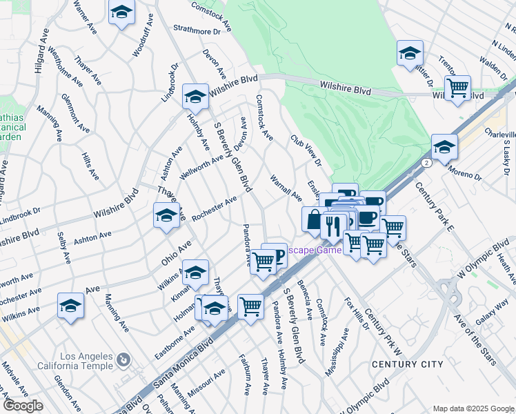 map of restaurants, bars, coffee shops, grocery stores, and more near 1425 Crestview Court in Los Angeles