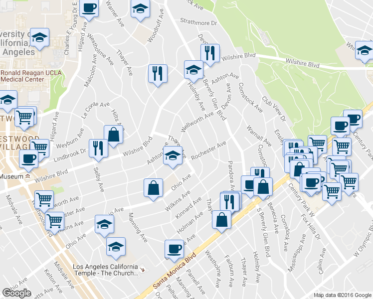 map of restaurants, bars, coffee shops, grocery stores, and more near 1338 Warner Avenue in Los Angeles