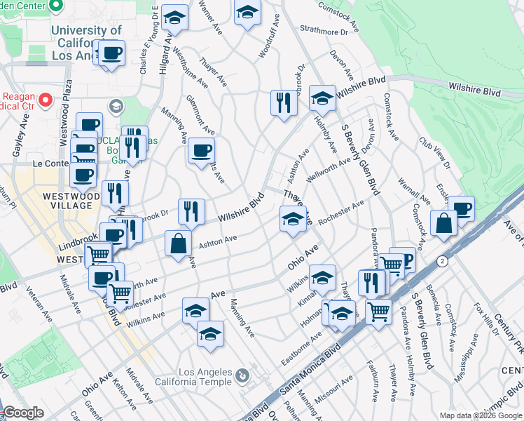 map of restaurants, bars, coffee shops, grocery stores, and more near 10560 Wilshire Boulevard in Los Angeles