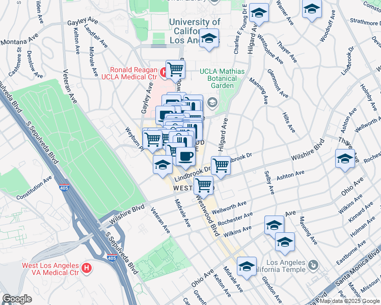 map of restaurants, bars, coffee shops, grocery stores, and more near 1051 Glendon Avenue in Los Angeles
