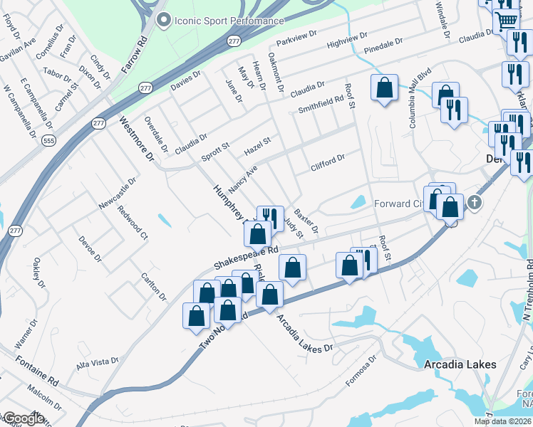 map of restaurants, bars, coffee shops, grocery stores, and more near 3617 Judy Street in Columbia