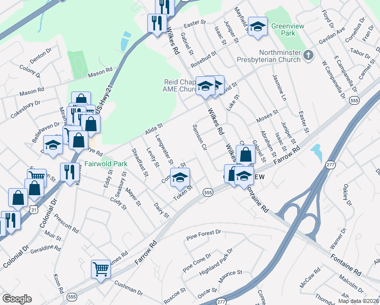 map of restaurants, bars, coffee shops, grocery stores, and more near 69 Samson Circle in Columbia