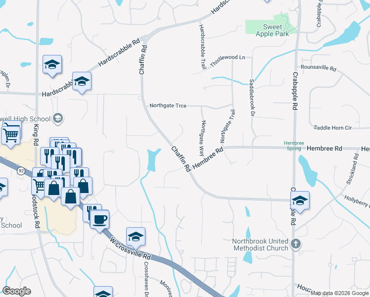 map of restaurants, bars, coffee shops, grocery stores, and more near 325 Chaffin Road in Roswell