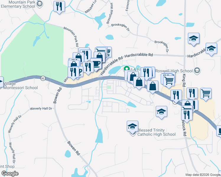 map of restaurants, bars, coffee shops, grocery stores, and more near 5811 Fairmont Trace in Roswell