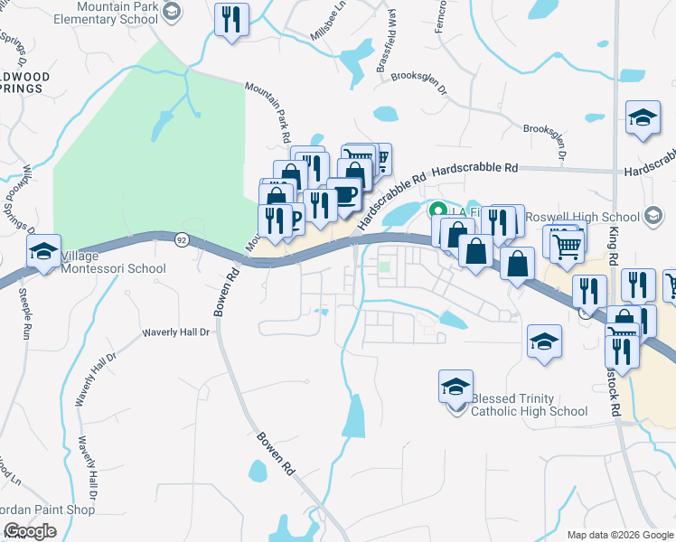 map of restaurants, bars, coffee shops, grocery stores, and more near 1120 Woodstock Road in Roswell