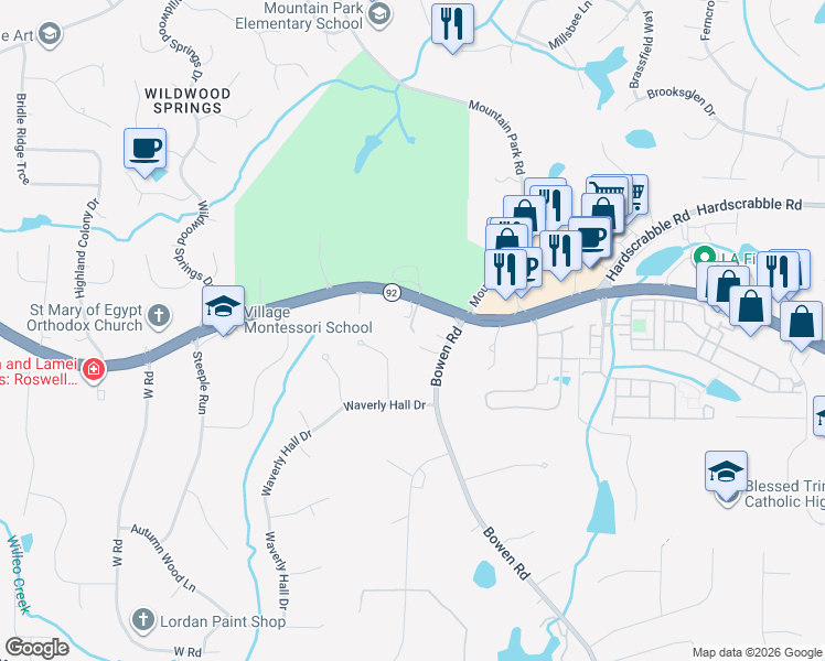 map of restaurants, bars, coffee shops, grocery stores, and more near 1460 Woodstock Road in Roswell