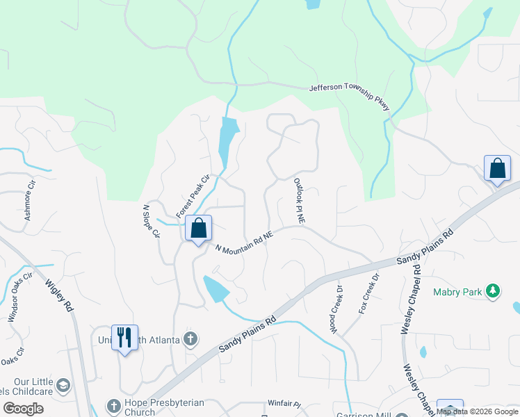 map of restaurants, bars, coffee shops, grocery stores, and more near 4541 Forest Peak Circle in Marietta