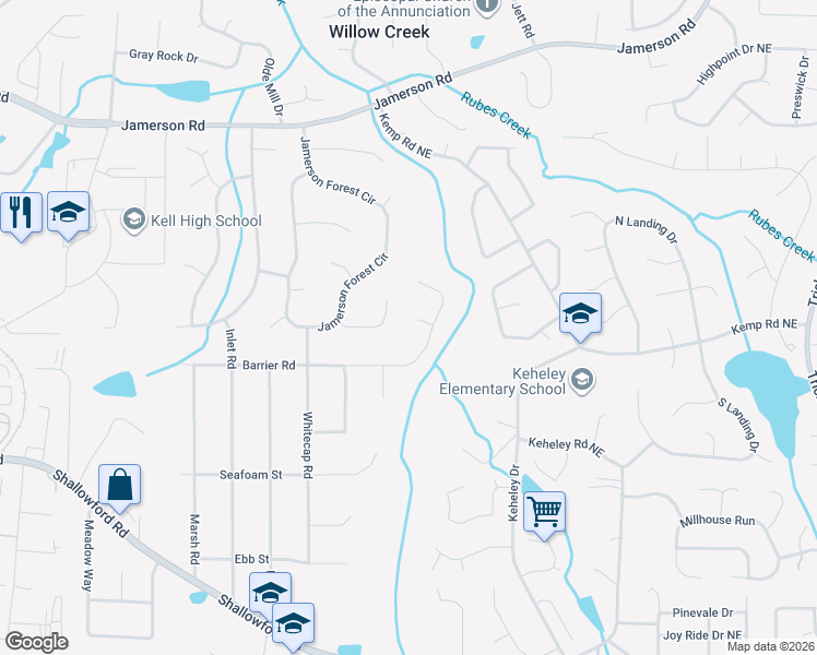 map of restaurants, bars, coffee shops, grocery stores, and more near 1556 Forest Bluff in Marietta
