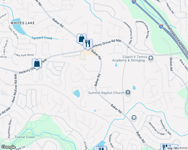 map of restaurants, bars, coffee shops, grocery stores, and more near 2470 Stonegate Drive in Acworth