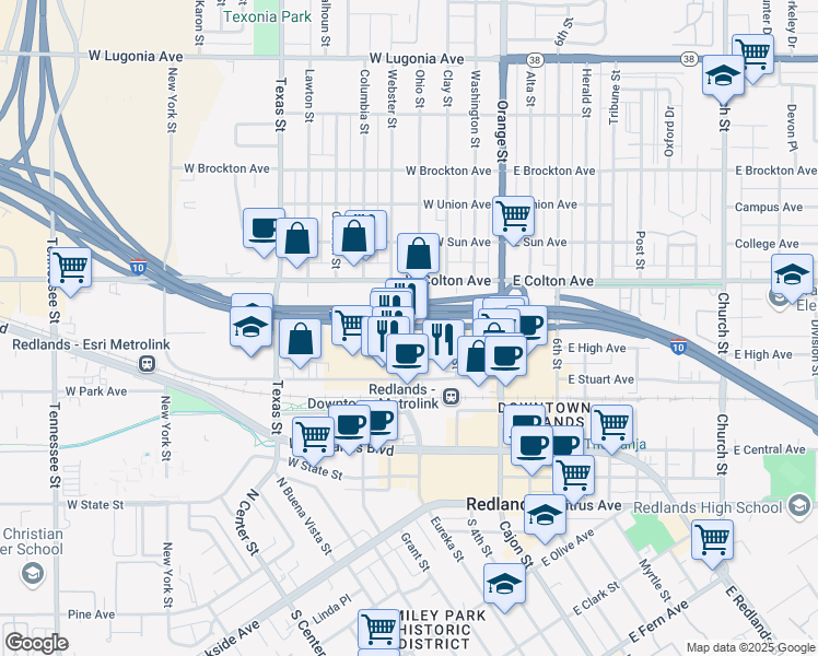 map of restaurants, bars, coffee shops, grocery stores, and more near 341 West Pearl Avenue in Redlands