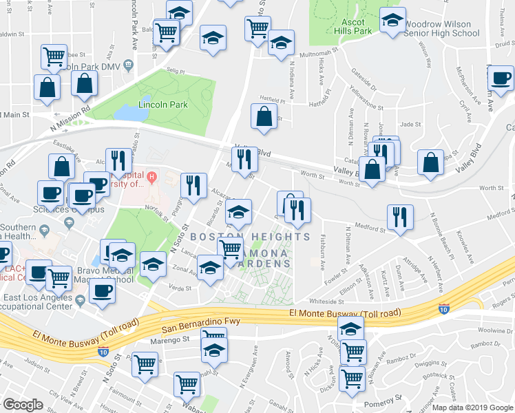 map of restaurants, bars, coffee shops, grocery stores, and more near 1611 Murchison Street in Los Angeles