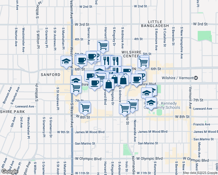 map of restaurants, bars, coffee shops, grocery stores, and more near 3621 Wilshire Boulevard in Los Angeles