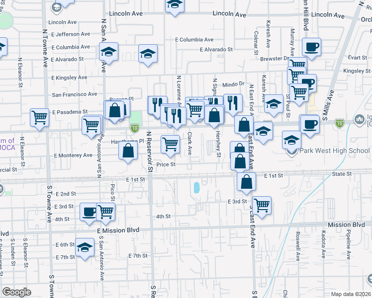 map of restaurants, bars, coffee shops, grocery stores, and more near 343 Clark Avenue in Pomona