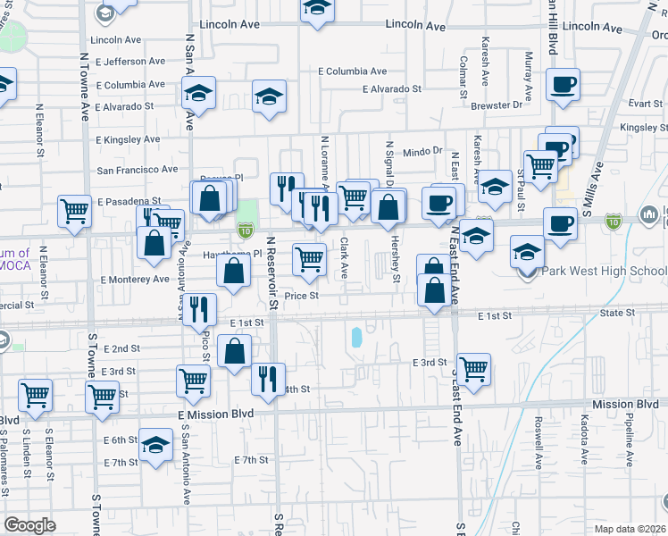map of restaurants, bars, coffee shops, grocery stores, and more near 343 Clark Avenue in Pomona
