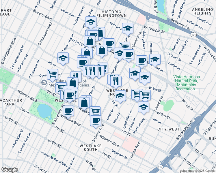 map of restaurants, bars, coffee shops, grocery stores, and more near South Burlington Avenue in Los Angeles