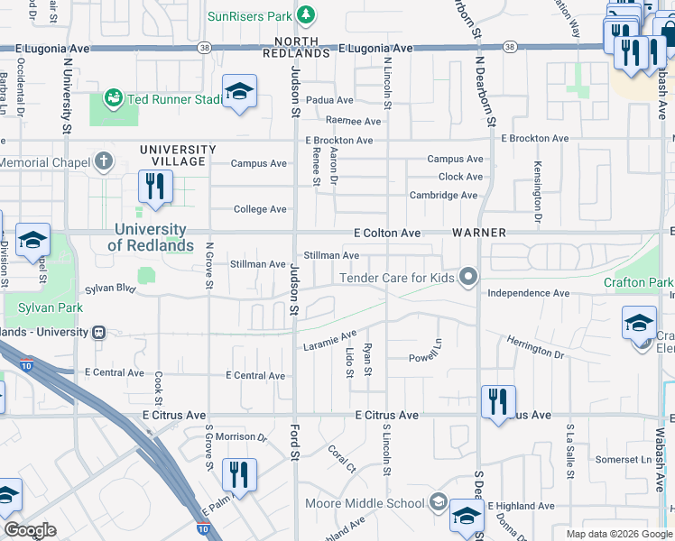map of restaurants, bars, coffee shops, grocery stores, and more near 614 Naomi Street in Redlands