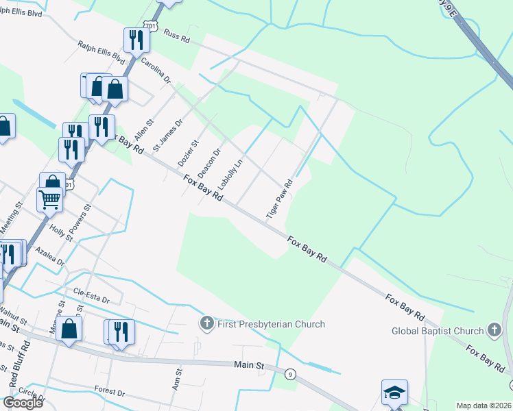 map of restaurants, bars, coffee shops, grocery stores, and more near 556 Longleaf Drive in Loris
